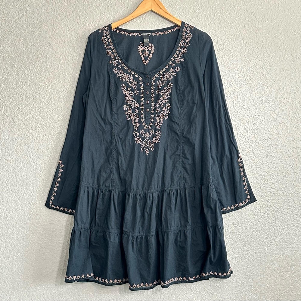 Lucky Brand Dress Large Mini Black Pink Embroidery Long Sleeve Button VNeck